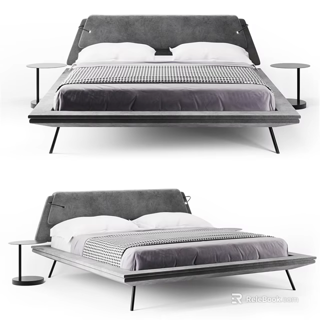 Modern Double Bed Design With Gray Headboard Purple Mattress And Matching Side Tables 3d model 