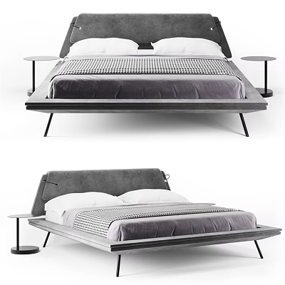 Modern Double Bed Design With Gray Headboard Purple Mattress And Matching Side Tables 3d model