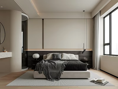 Modern Bedroom Interior With Beige Walls Black Headboard White Bed Frame And Window Rug Design 3d model