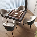 Modern Entertainment Table Interior Design With White Walls Wooden Floor Four Chairs And Potted Plant