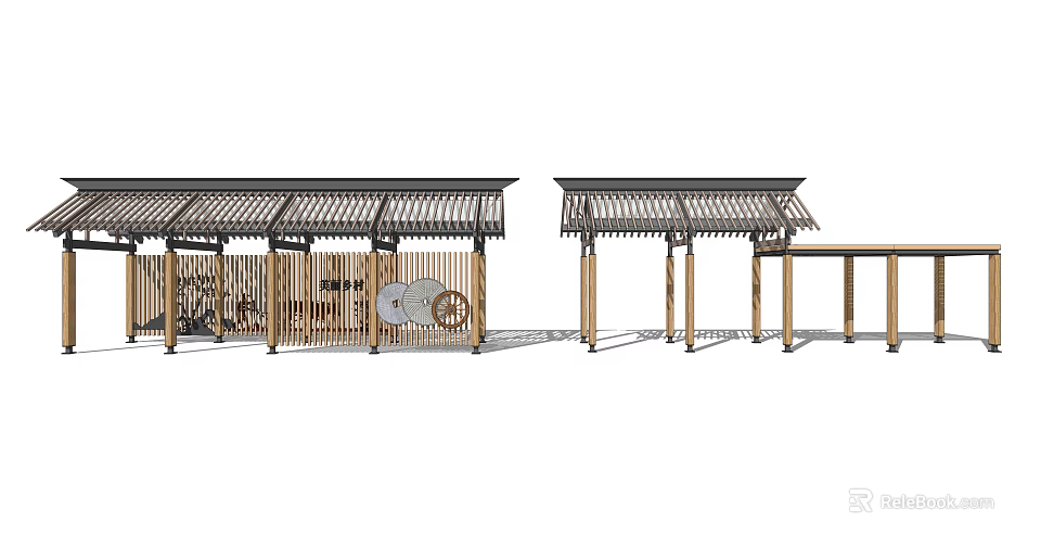 Traditional Wooden Pergola Structure With Grille Roof And Support Columns Design 3d model 