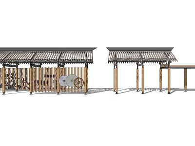 Traditional Wooden Pergola Structure With Grille Roof And Support Columns Design 3d model