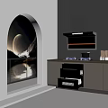Modern Open Concept Kitchen With Archway Cabinets Range Hood And Wall Art