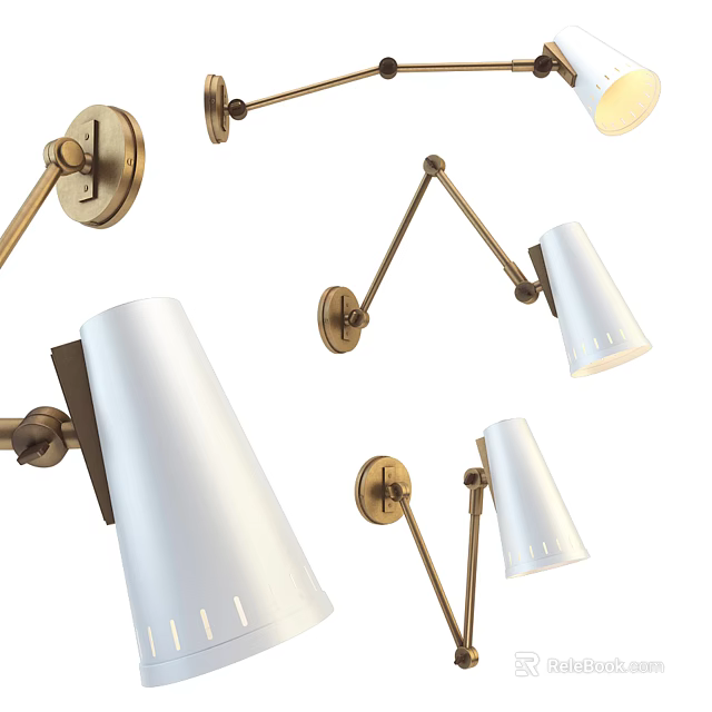 Modern Adjustable Brass Arm Wall Lamps With White Shades For Home Lighting Decor 3d model 