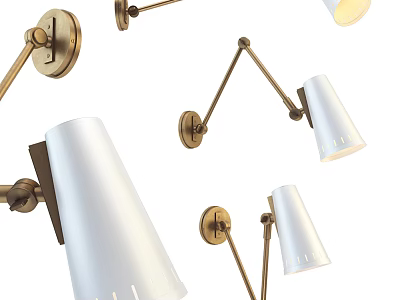 Modern Adjustable Brass Arm Wall Lamps With White Shades For Home Lighting Decor 3d model