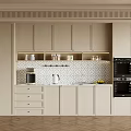 Beige Modern Kitchen Interior With Cabinets Tiled Backsplash And Built In Appliances 3d model
