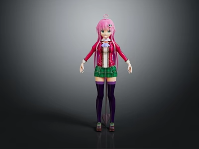 Game Anime Character With Pink Long Hair Red Jacket Green Plaid Skirt And Black Thigh High Socks Design 3d model
