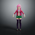 Game Anime Character With Pink Long Hair Red Jacket Green Plaid Skirt And Black Thigh High Socks Design