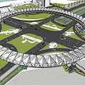 Modern Circular Bridge Structure Over Urban Road Intersection With Surrounding Buildings And Greenery 3d model