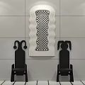 Wavy Framed Mirror with Checkerboard Pattern Between Two Black Chairs in Gray Tiled Room