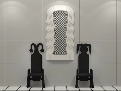 Wavy Framed Mirror with Checkerboard Pattern Between Two Black Chairs in Gray Tiled Room 3d model