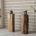 Natural Wooden Tree Stump Side Tables In Interior With Lattice Wall Green Plants And Decorative Items