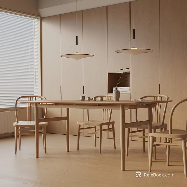 Minimalist Tea Room Interior With Wooden Table Chairs Hanging Lights And Window Blinds 3d model 