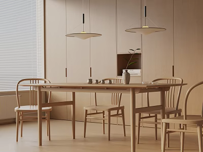 Minimalist Tea Room Interior With Wooden Table Chairs Hanging Lights And Window Blinds 3d model