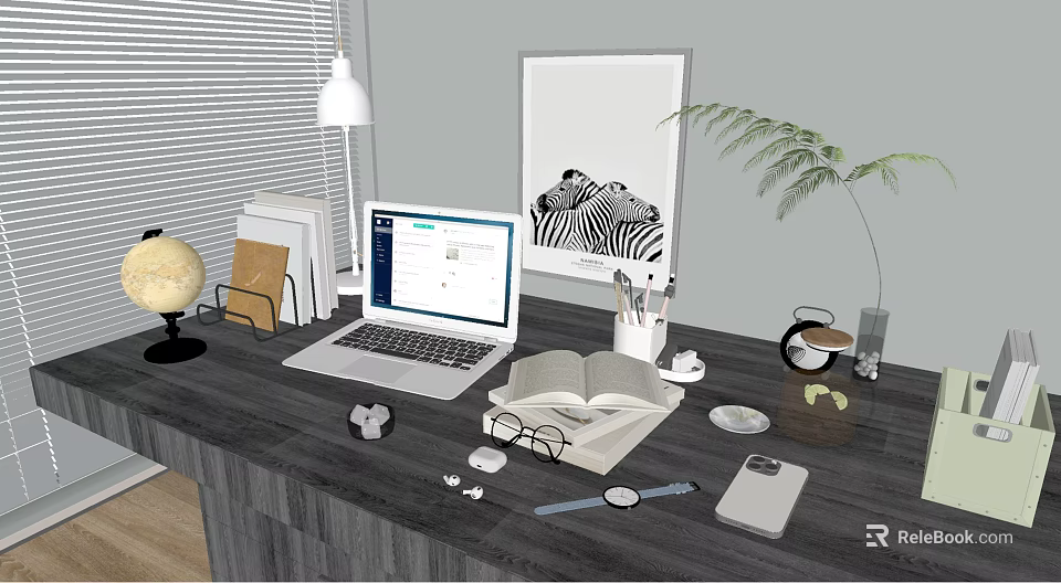 Organized Home Office Desk Setup With Laptop Open Book Globe And Plant 3d model 