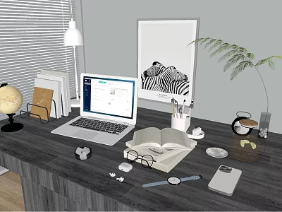 Organized Home Office Desk Setup With Laptop Open Book Globe And Plant 3d model