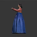 Woman Wearing Traditional Red Top and Blue Skirt Holding Fan with Elegant Gesture