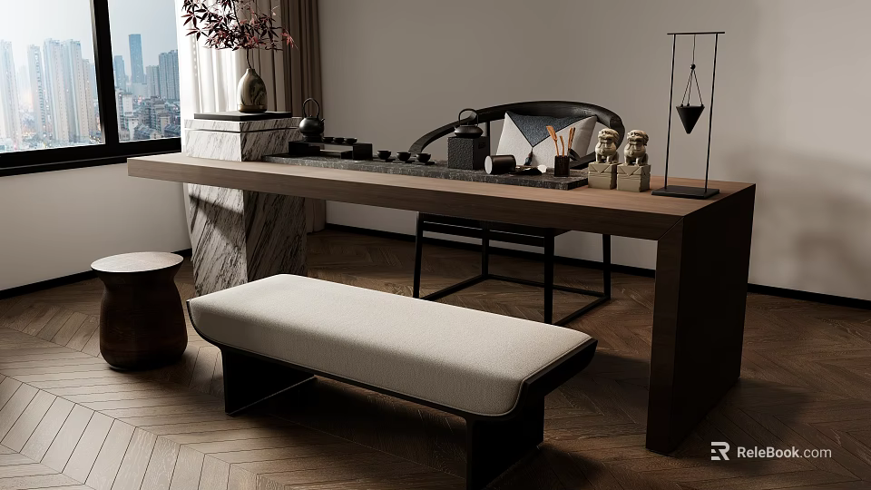 Modern Wooden Tea Table With Chairs Marble Top Bench Tea Set And City View 3d model 