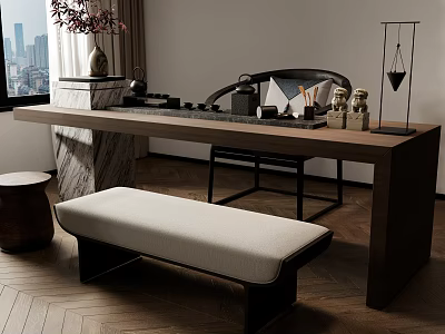 Modern Wooden Tea Table With Chairs Marble Top Bench Tea Set And City View 3d model