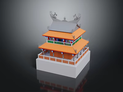 Traditional Chinese Two Story Architecture Featuring Orange Roof Green Eaves Decorative Top And White Base 3d model