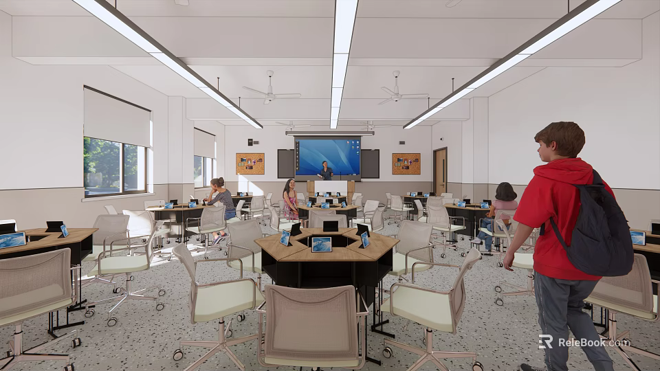 Modern School Classroom With Students Using Tablets And Projection Screen Setup 3d model 