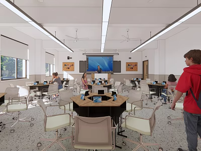 Modern School Classroom With Students Using Tablets And Projection Screen Setup 3d model