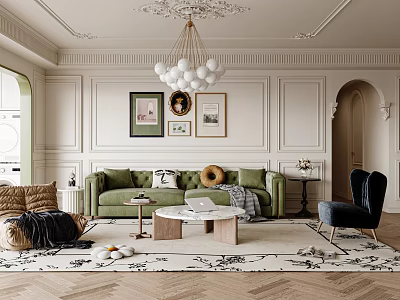 Living Room Interior With Green Sofa Round Bulb Chandelier Framed Artworks And Paneled Walls 3d model