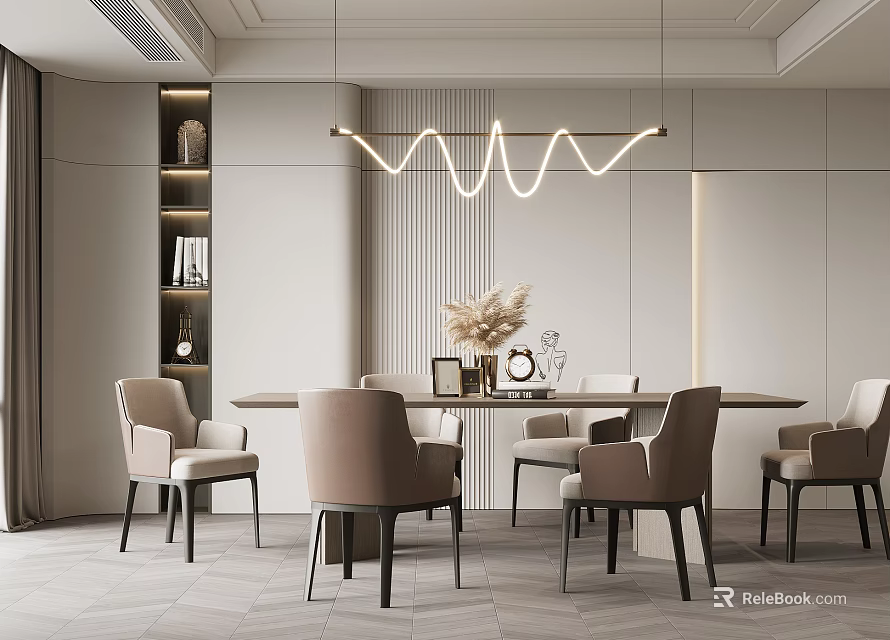 Modern Restaurant Interior With Round Dining Table Beige Chairs Wavy Pendant Lighting And Minimalist Decor 3d model 