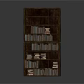 Dark Wooden Bookshelf Filled With Various Stacked Books And Organized Shelves