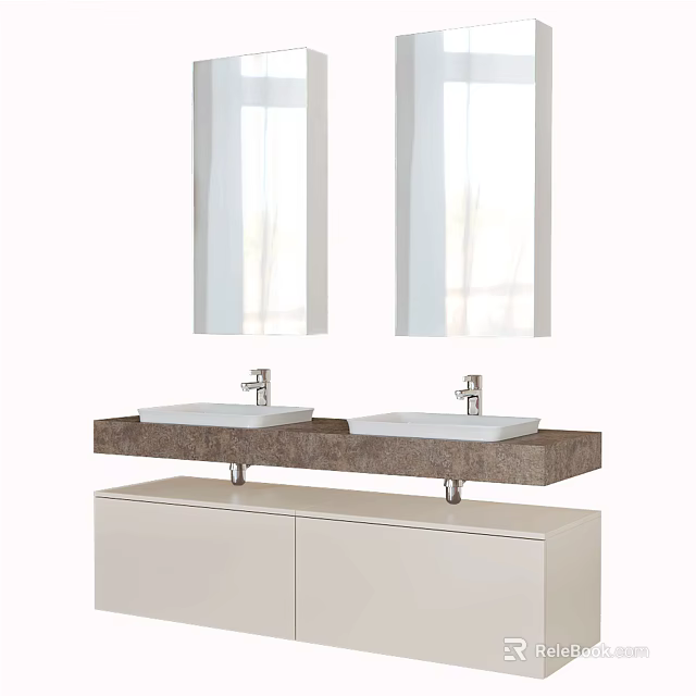 Modern Bathroom Vanity With Double Washbasin Two Mirrors And White Cabinet 3d model 