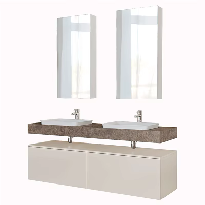 Modern Bathroom Vanity With Double Washbasin Two Mirrors And White Cabinet 3d model