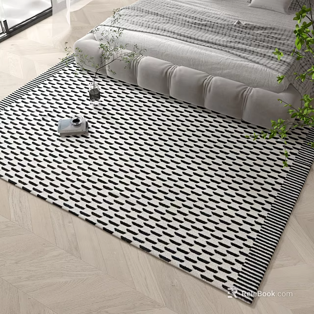 Modern Square Rug with Black and White Geometric Pattern and Sofa Coffee Table Green Plant 3d model 