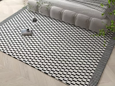 Modern Square Rug with Black and White Geometric Pattern and Sofa Coffee Table Green Plant 3d model