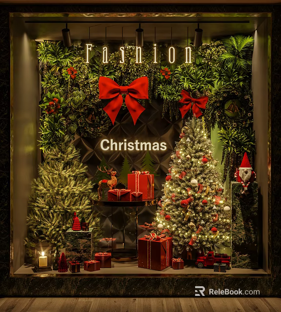Christmas Themed Window Display With Decorated Trees Red Bows Gift Boxes Reindeer And Santa Claus 3d model 