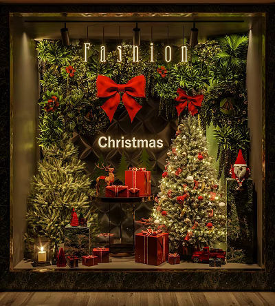 Christmas Themed Window Display With Decorated Trees Red Bows Gift Boxes Reindeer And Santa Claus 3d model