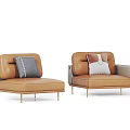 Two Brown Leather Single Sofas with Golden Legs and Striped Pillows 3d model