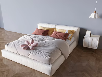 Cream Children's Bed Girl's Bed Solid Wood Bedside Table Chandelier Flexible Bed Pillow Bedding 3d model