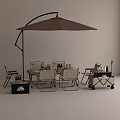 Outdoor Patio Table Set With Brown Umbrella Light Colored Chairs And Serving Trolley
