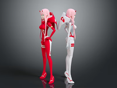 Two Pink Haired Characters in Red White Form Fitting Suits with Mechanical Details Gray Background 3d model