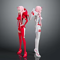 Two Pink Haired Characters in Red White Form Fitting Suits with Mechanical Details Gray Background