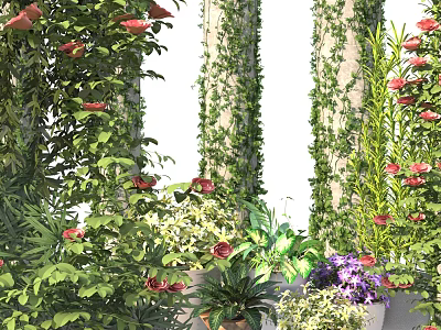 Lush Vines Covering Pillars In Garden Space With Green Plants And Flowers 3d model