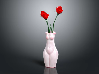 Pink Human Body Shaped Vase With Two Red Roses Floral Arrangement 3d model