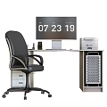 Modern Office Desk With Monitor Printer Keyboard Mouse Phone Drawers And Office Chair