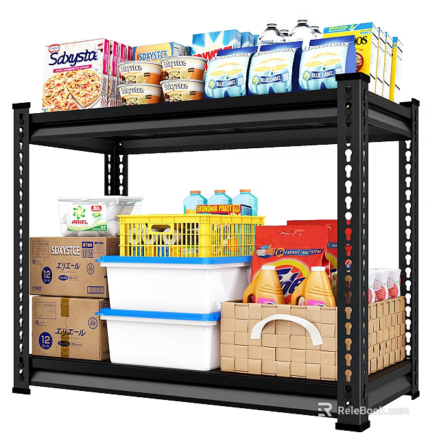 Multi tiered Black Storage Shelf With Food Items Storage Bins And Cleaning Supplies 3d model 