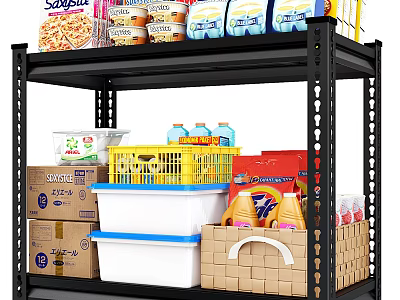 Multi tiered Black Storage Shelf With Food Items Storage Bins And Cleaning Supplies 3d model