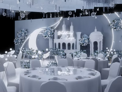 Elegant Banquet Hall Interior With White Round Tables Floral Decorations Table Settings And Castle Backdrop 3d model
