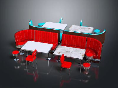 Modern Dining Table Set with Red Booths White Tables and Red Chairs 3d model