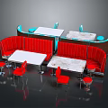 Modern Dining Table Set with Red Booths White Tables and Red Chairs 3d model