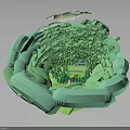 Vibrant Green 3D Landscape Model With Lush Forest Trees And Floating Clouds