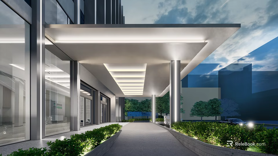 Modern Contemporary Entrance Gate With Glass Facade Awning Columns And Illuminated Landscaped Greenery 3d model 